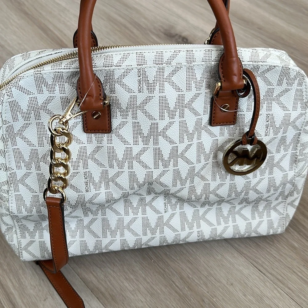 Michael Kors Monogram Cream and Brown Satchel jet travel bag